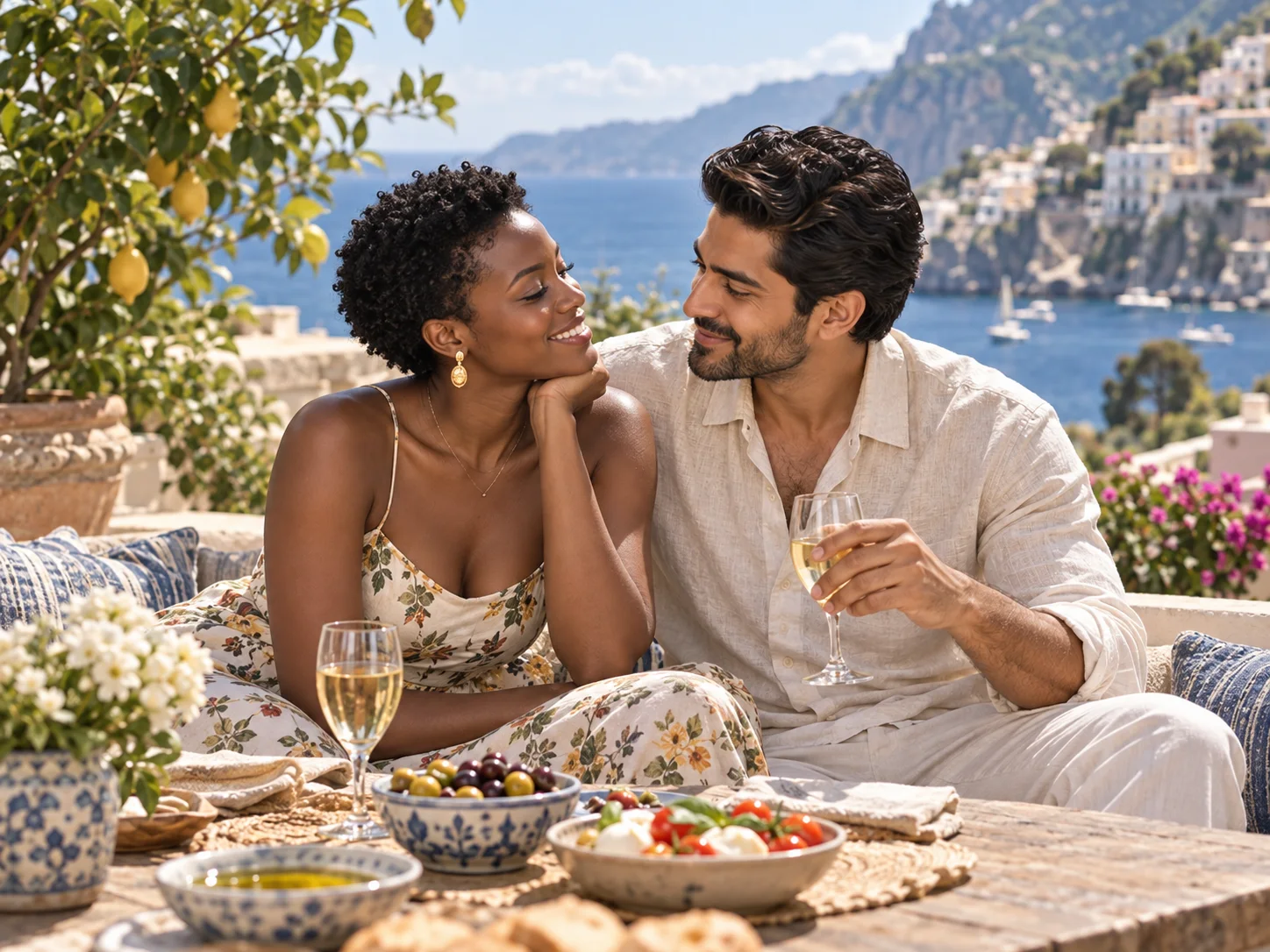 A couple sharing a relaxed conversation on a Mediterranean terrace
