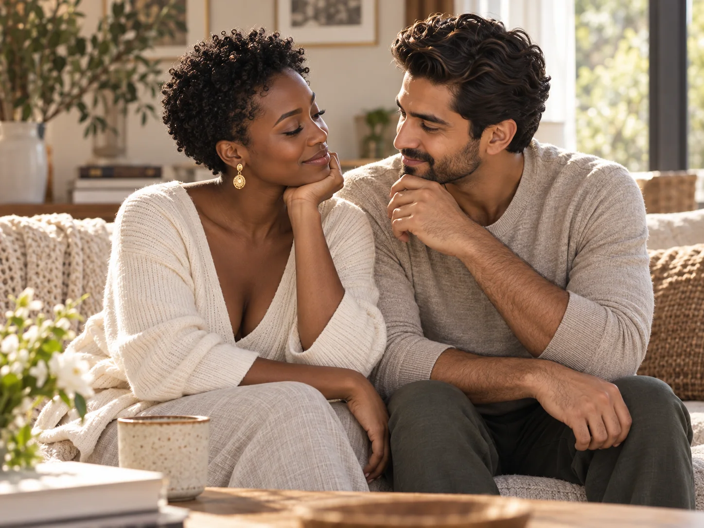 A couple talking together over tea in their sunlit home