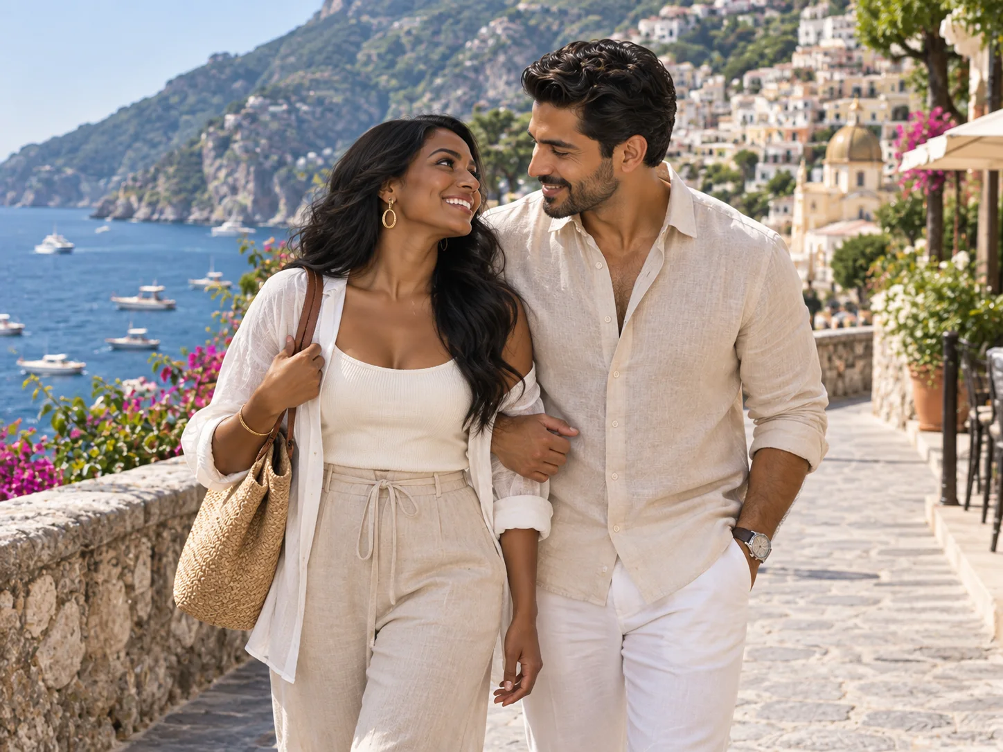 A couple walking together along a Mediterranean coastal promenade
