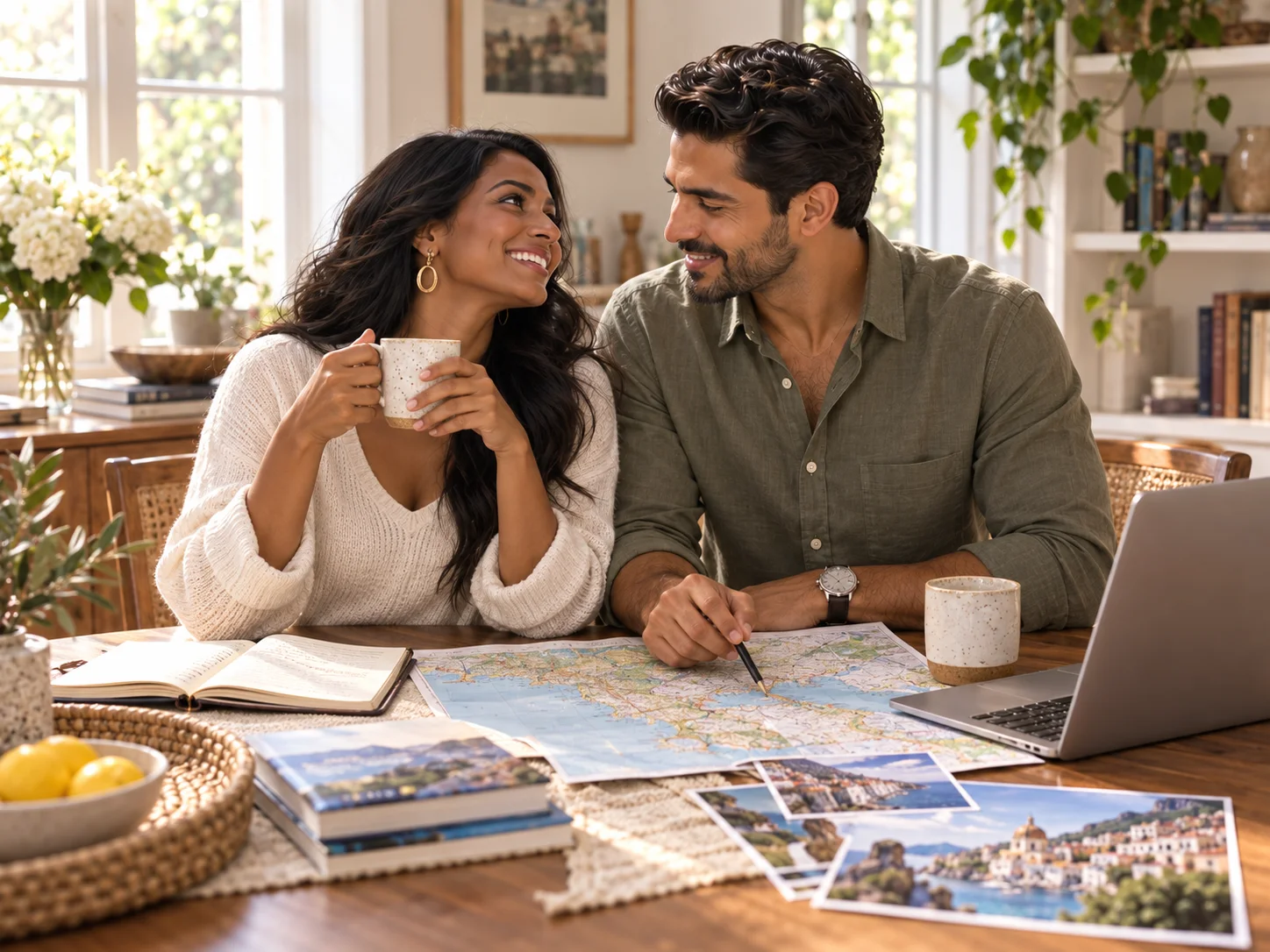 A couple planning a trip together over tea at home